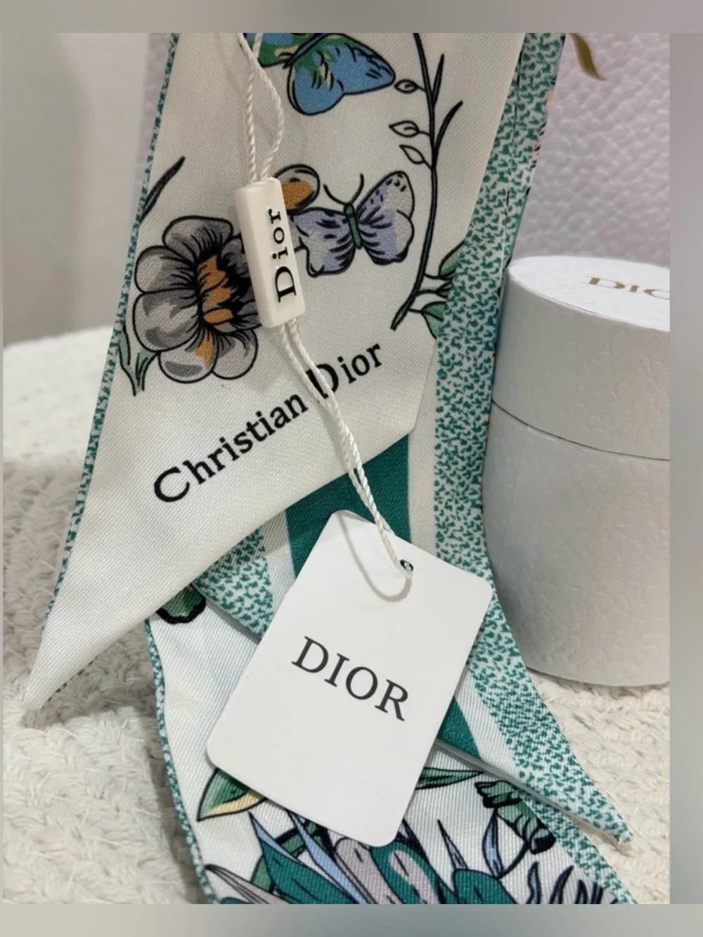 NWT Full Inclusion Dior Butterfly & Floral Silk Scarf Green & White